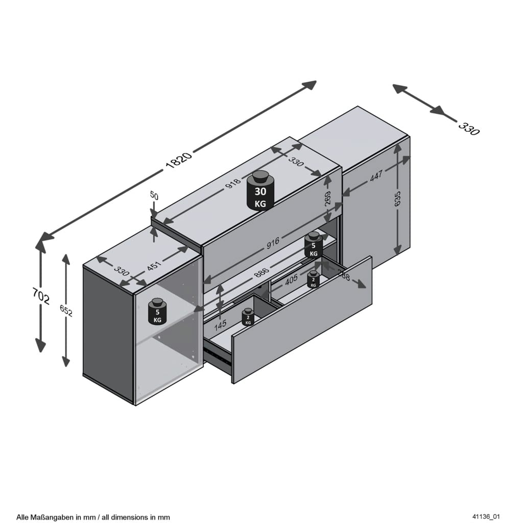 Fmd tv-møbel 182x33x70,2 cm hvid og egetræsfarve - number 5.