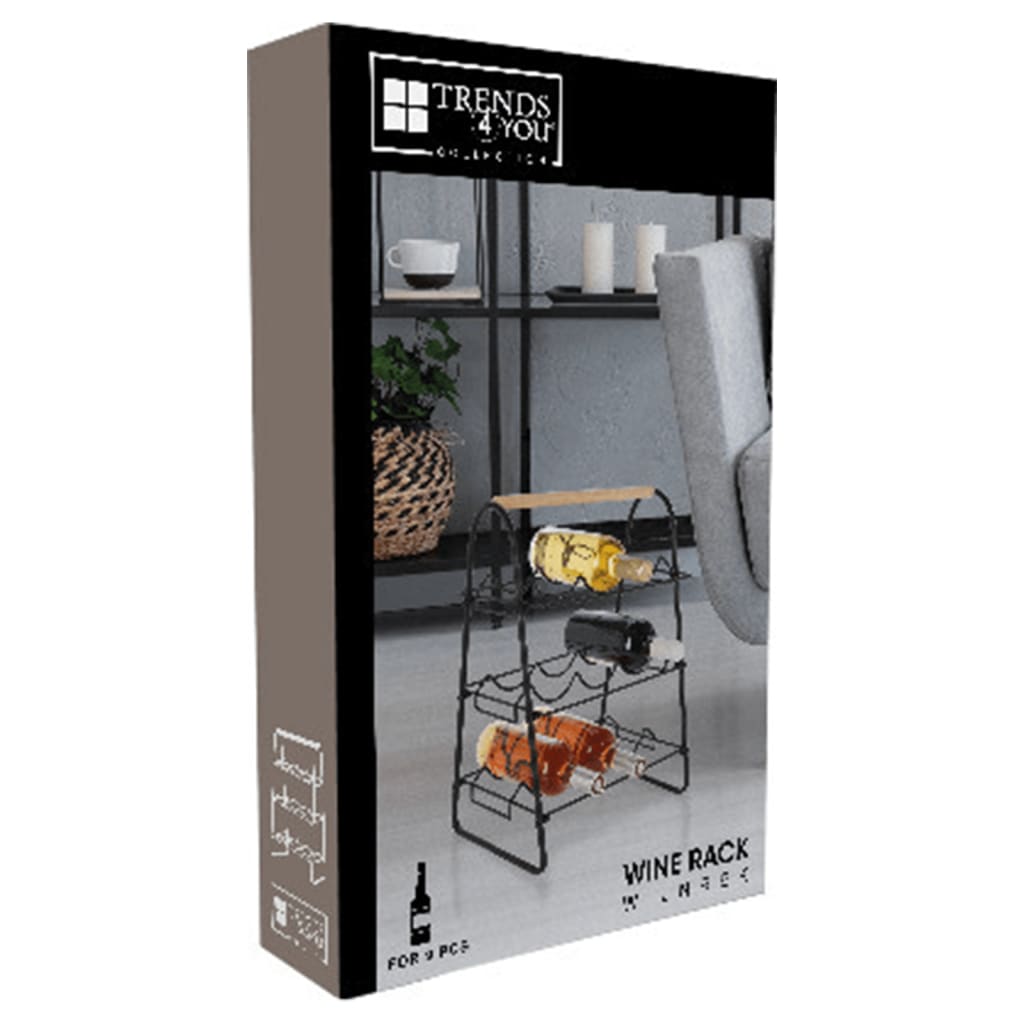 Home&styling vinreol til 9 flasker metal sort og naturfarvet - number 4.