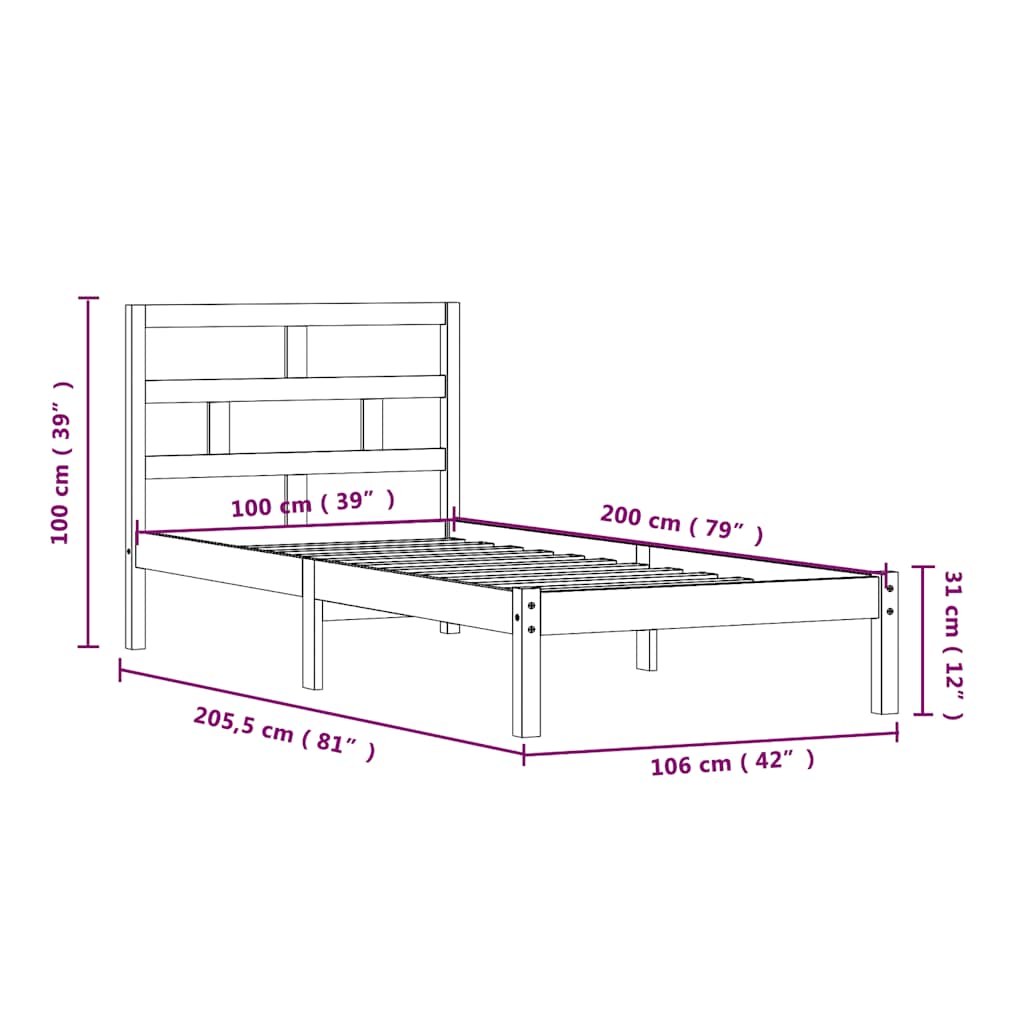 Cadre de lit en pin massif - noir, 100 x 200 cm - number 8.