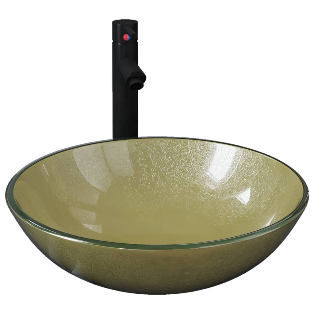 Badrumshandfat med kran och avloppsventil härdat glas - guld, svart kran - number 2.