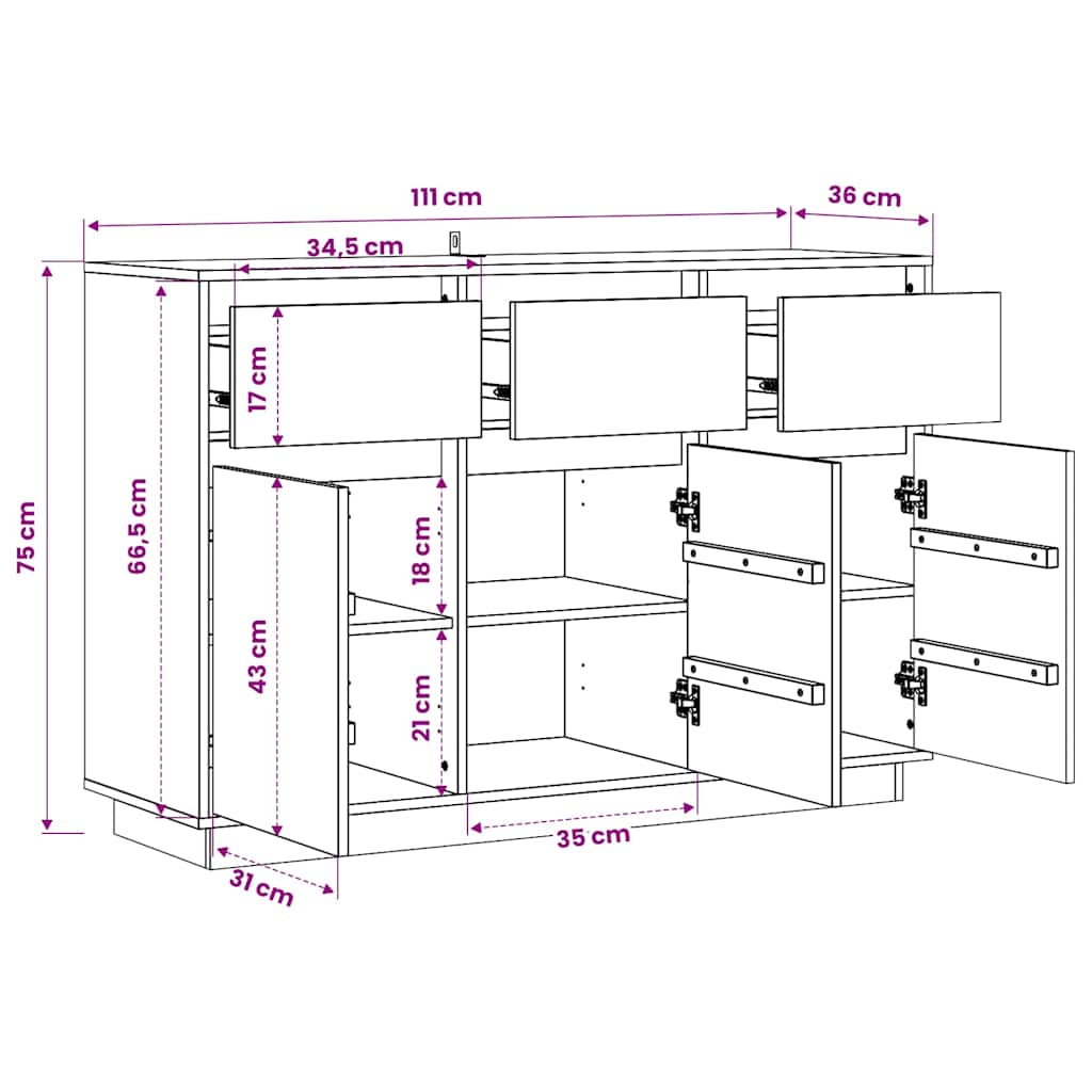 Skænk 110x34x75 cm massivt fyrretræ - naturfarvet, 1 - number 9.