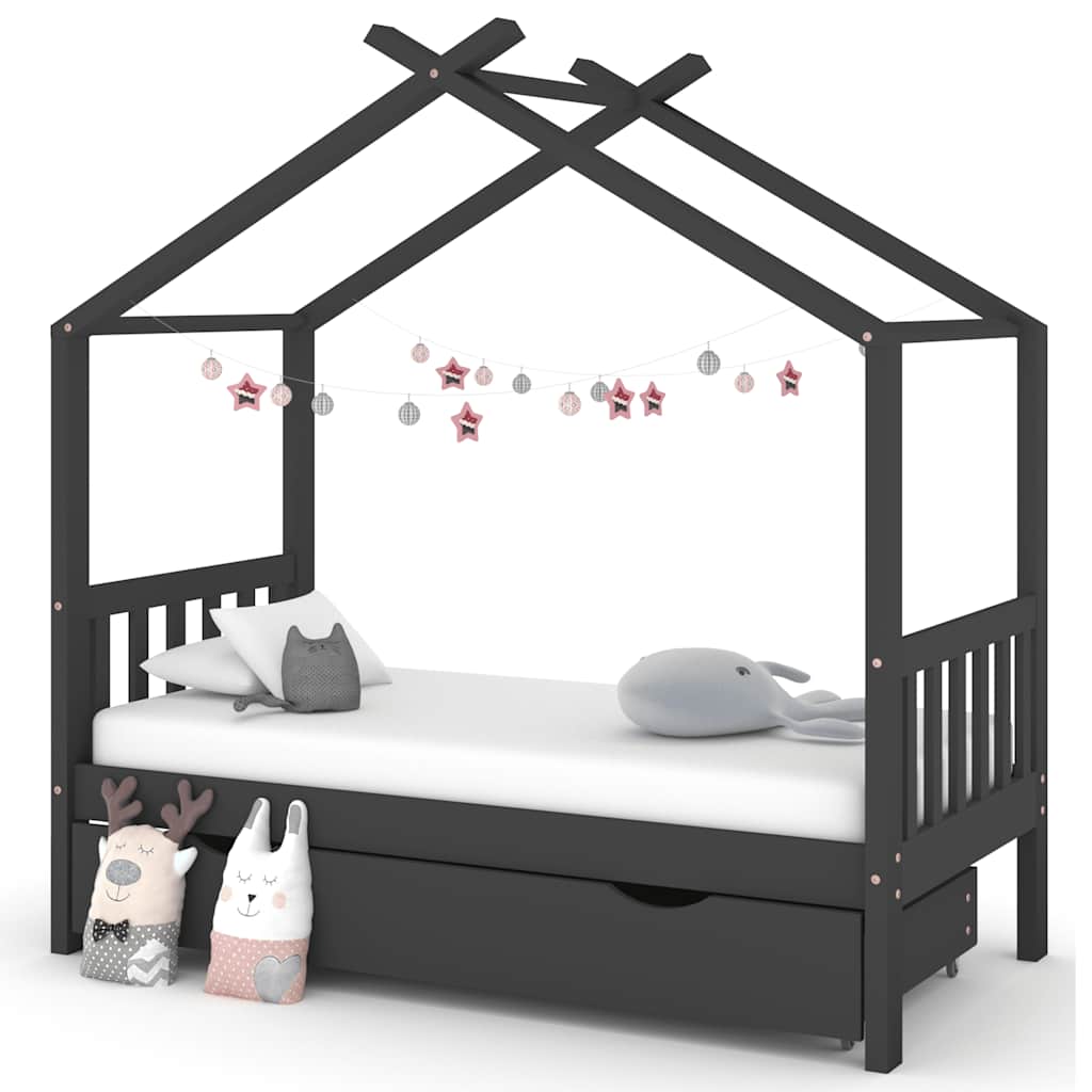 Bed frame for children + drawer 80x160 cm solid pine dark grey - number 1.