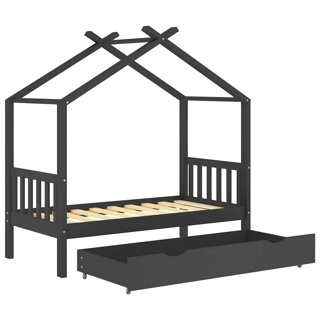 Bed frame for children + drawer 80x160 cm solid pine dark grey - number 5.