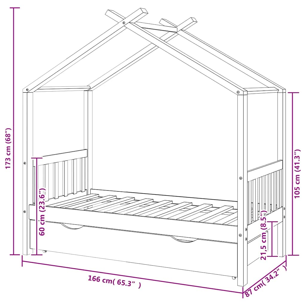 Bed frame for children + drawer 80x160 cm solid pine dark grey - number 7.