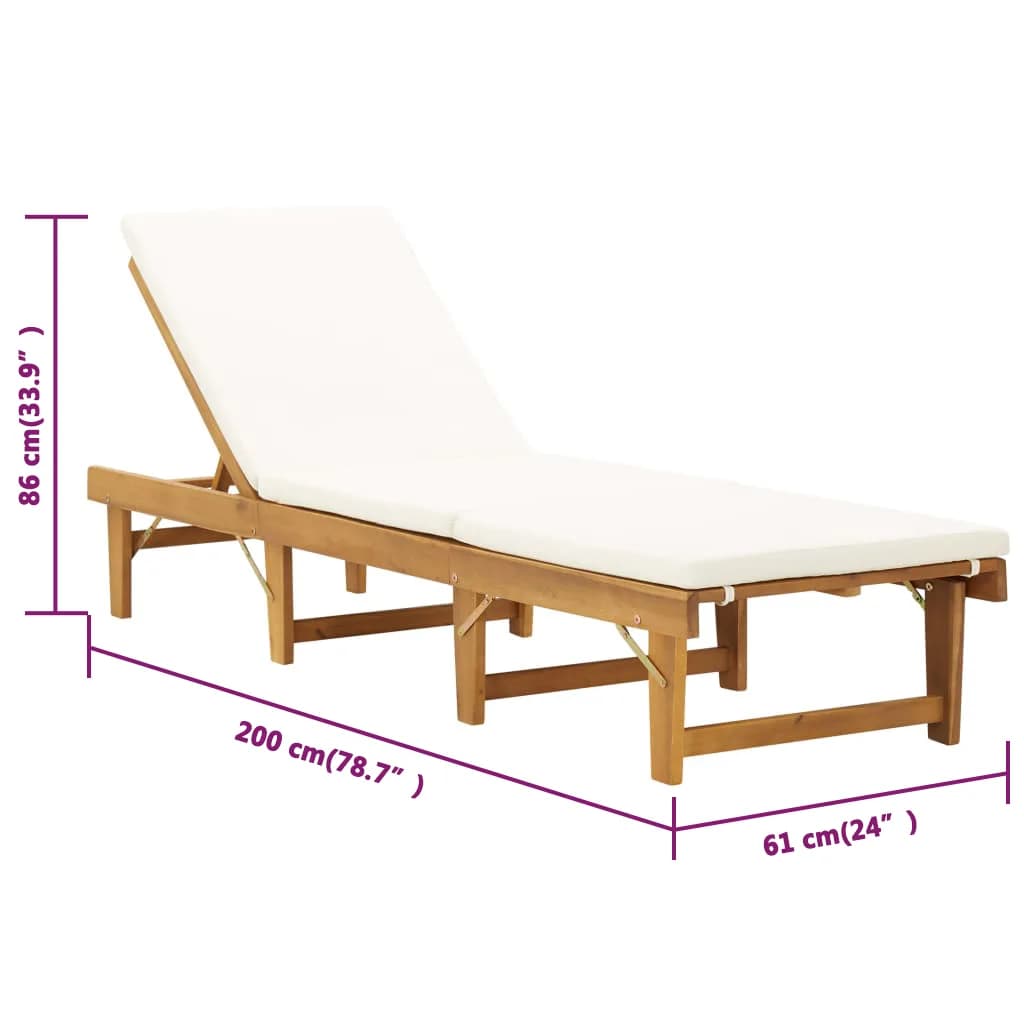 Foldbar liggestol med hynde massivt akacietræ cremefarvet - number 7.