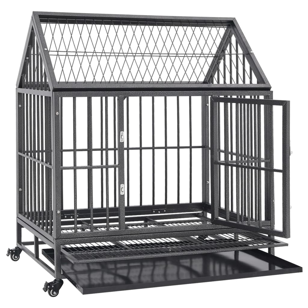 Cage pour chien avec roues et toit 92x62x106 cm acier - number 3.