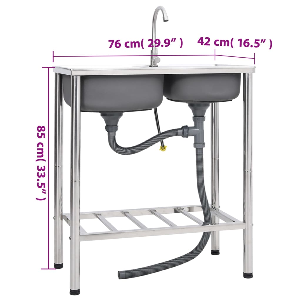 Sudoper za kampiranje sa slavinom dvostruki sudoper nehrđajući čelik - 76 x 42 x 18,5 cm - number 8.