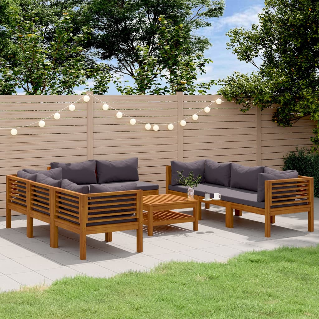 Set da giardino 9 pezzi con cuscino in legno massello di acacia - grigio scuro, 4x parte angolare + 4x parte centrale + tavolo, 1 - number 1.