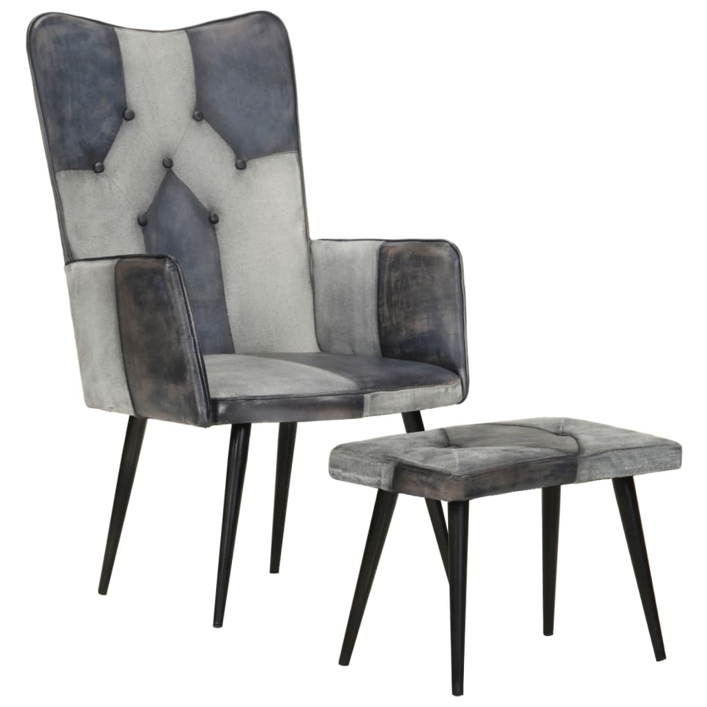 Fotel z podnóżkiem skóra naturalna i płótno - szary, 1, skóra naturalna i płótno - number 12.