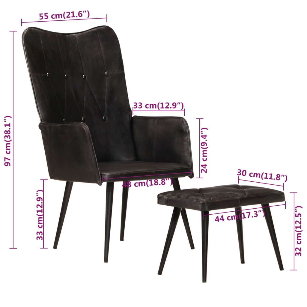 Fotelja sa tabureom za noge - crna, 1, prava koža - number 8.