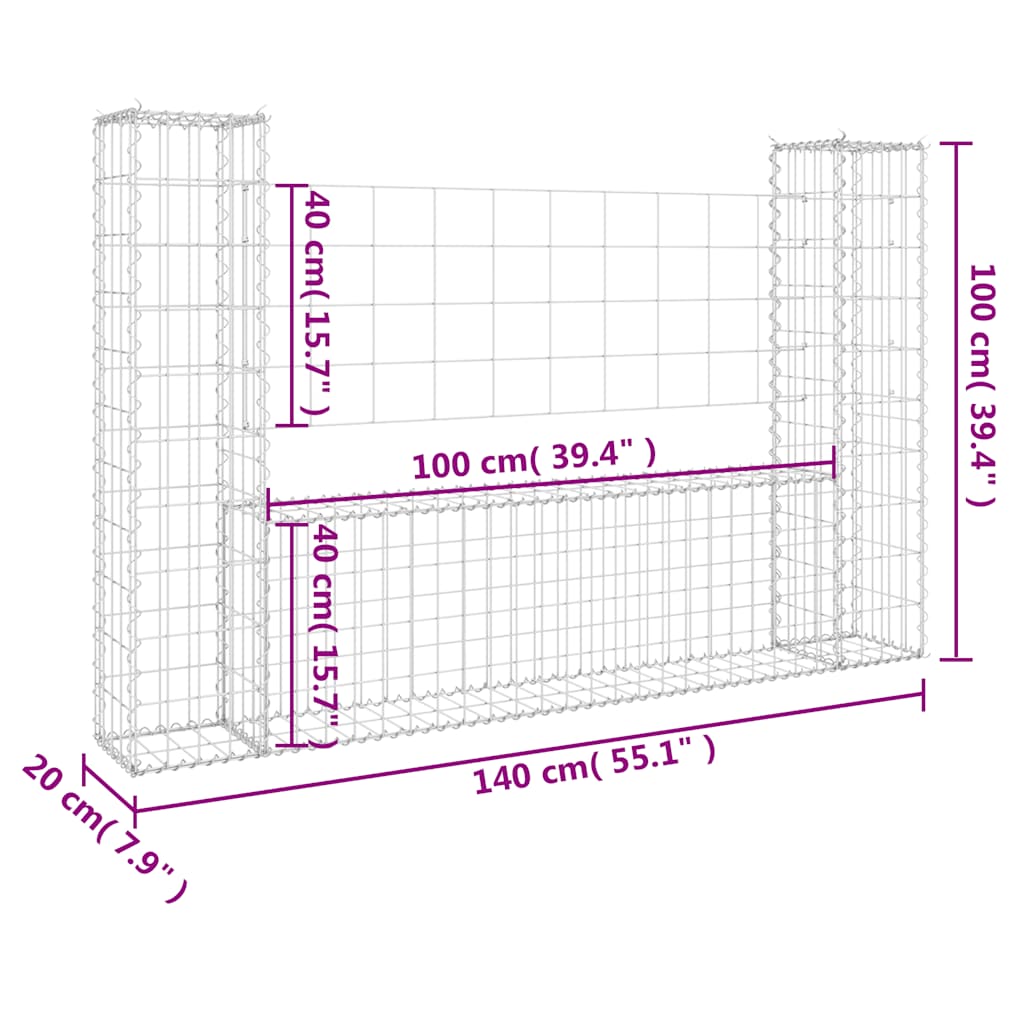 Panier gabion avec 2 poteaux en fer en forme de u - 140 x 20 x 100 cm, 1 - number 6.
