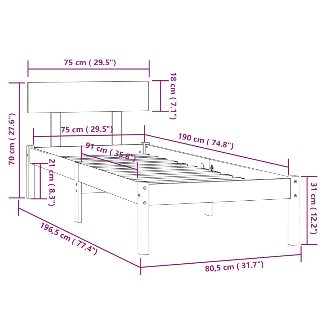 Sengeramme 75x190 cm small single massivt træ hvid - number 9.