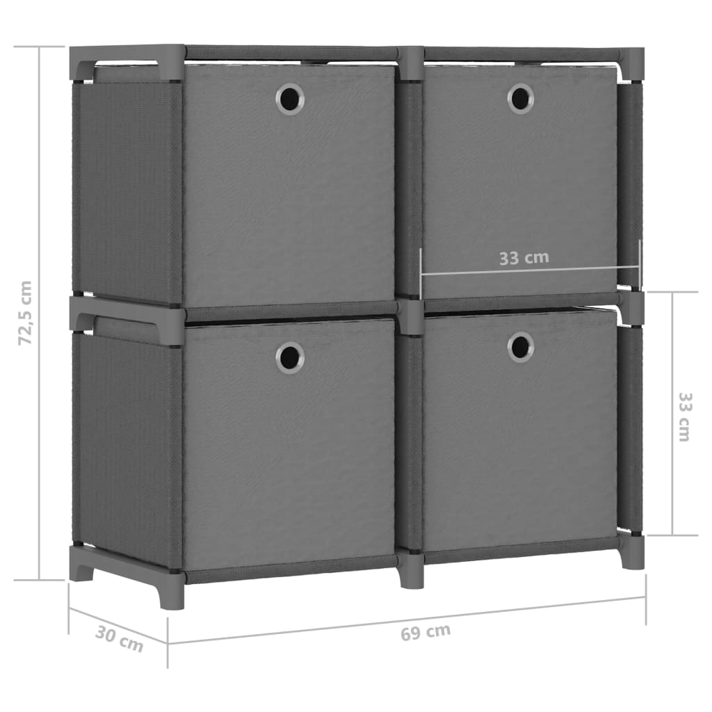 Bookcase with 4 compartments and boxes 69x30x72.5 cm fabric - grey, 4 cubes, 1, outside boxes - number 9.