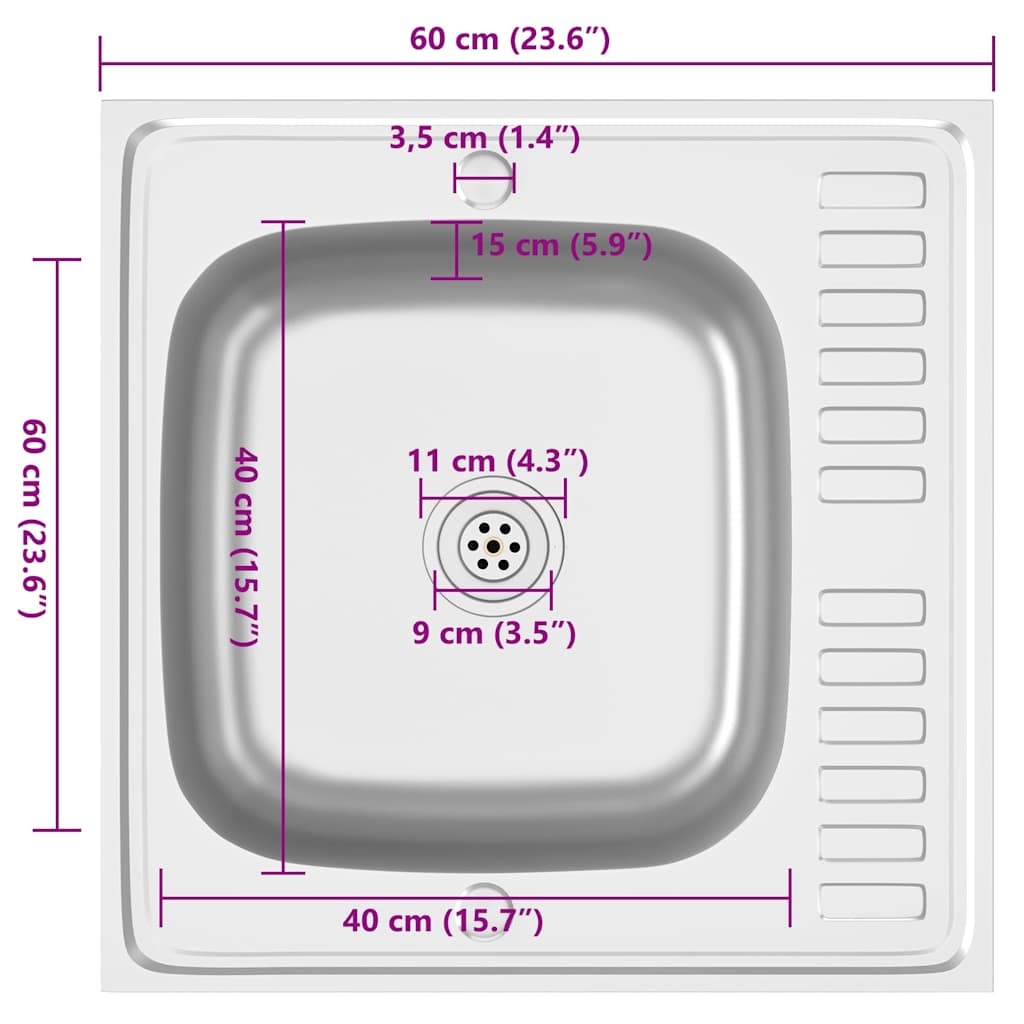 Køkkenvask med afløbssæt 600x600x155 mm rustfrit stål sølv - number 11.
