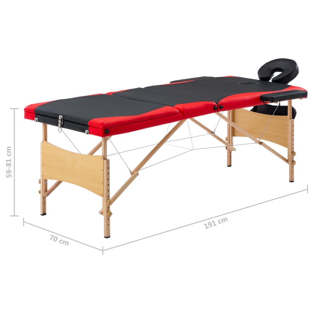 Foldbart massagebord 3 zoner træ sort og rød - number 10.