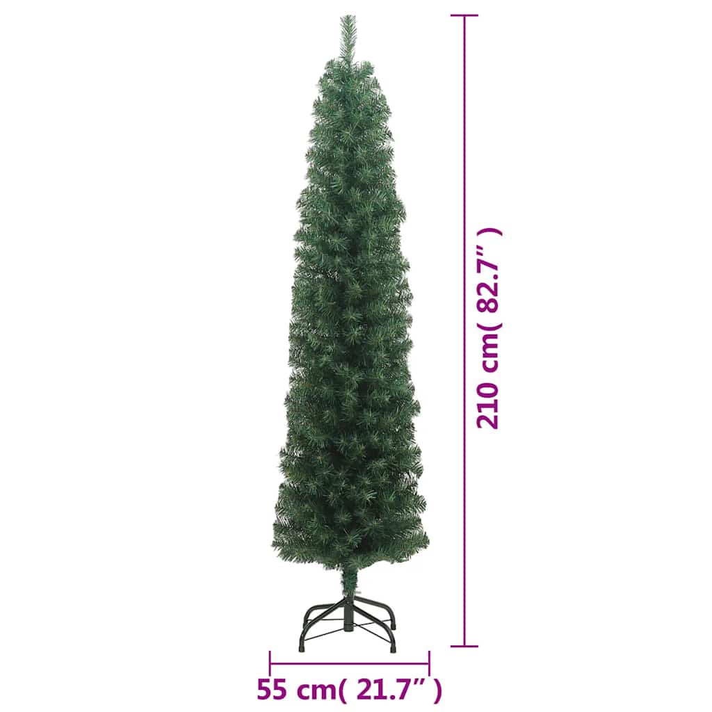 Smalt kunstigt juletræ med juletræsfod 210 cm pvc grøn - number 7.