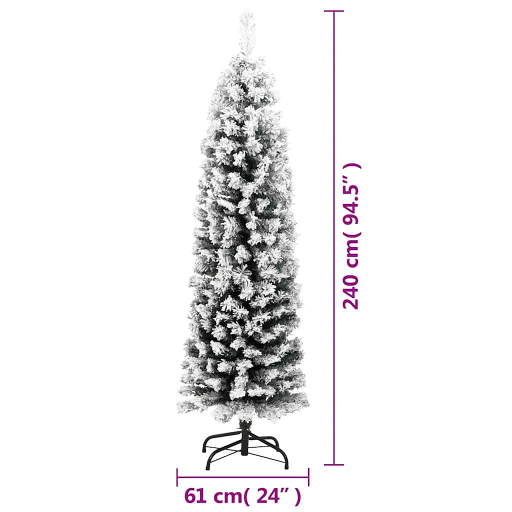 Narrow artificial christmas tree with snow pvc - green, 240 cm, 1, with flocked white snow - number 7.
