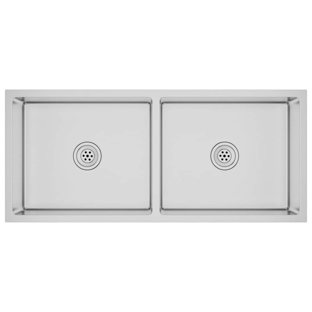 Handgjord diskbänk i rostfritt stål - silver, 100 x 44 x 20 cm (två diskhoar) - number 2.