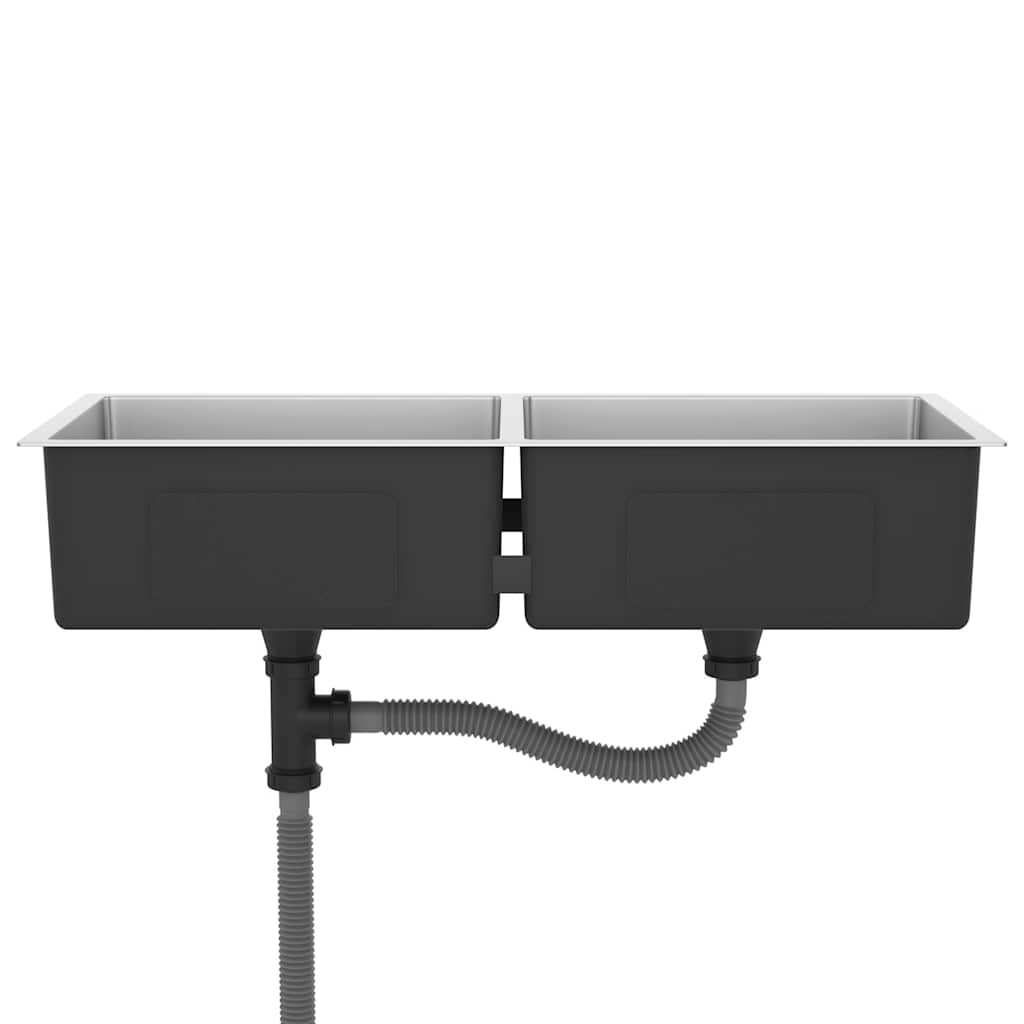 Handgjord diskbänk i rostfritt stål - silver, 100 x 44 x 20 cm (två diskhoar) - number 5.