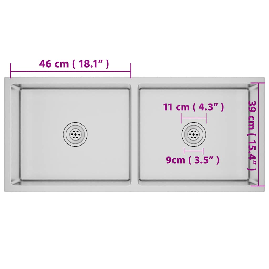 Handgjord diskbänk i rostfritt stål - silver, 100 x 44 x 20 cm (två diskhoar) - number 11.