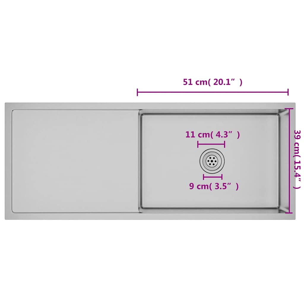 Handgjord diskbänk rostfritt stål - silver, 100 x 44 x 20 cm - number 11.