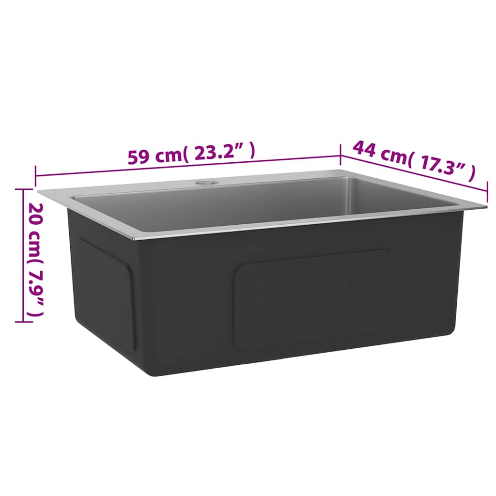 Håndlavet køkkenvask rustfrit stål - sølv, 59 x 44 x 20 cm (med vandhanehul) - number 11.