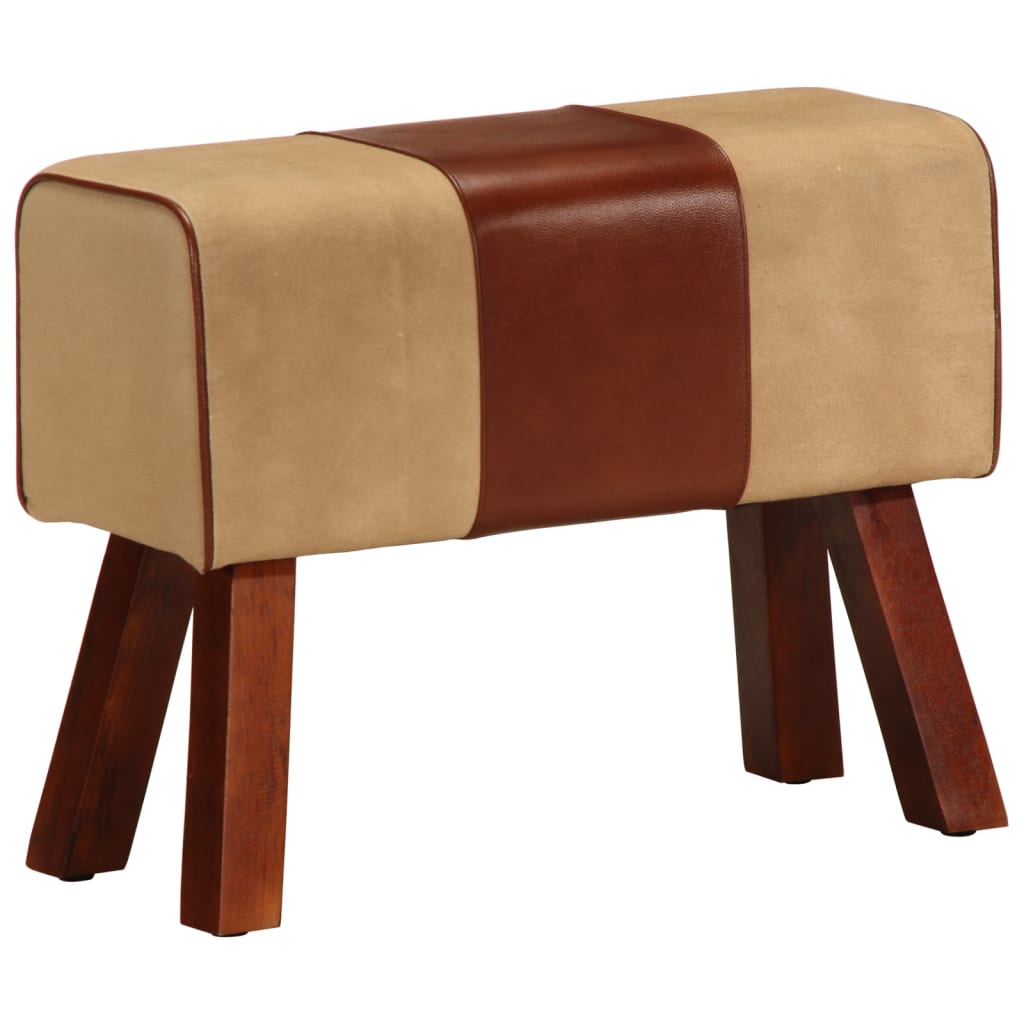 Bænk gymnastikbuk ægte læder og massivt mangotræ brun - brun og hvid, 58 cm, med 4 ben - number 1.