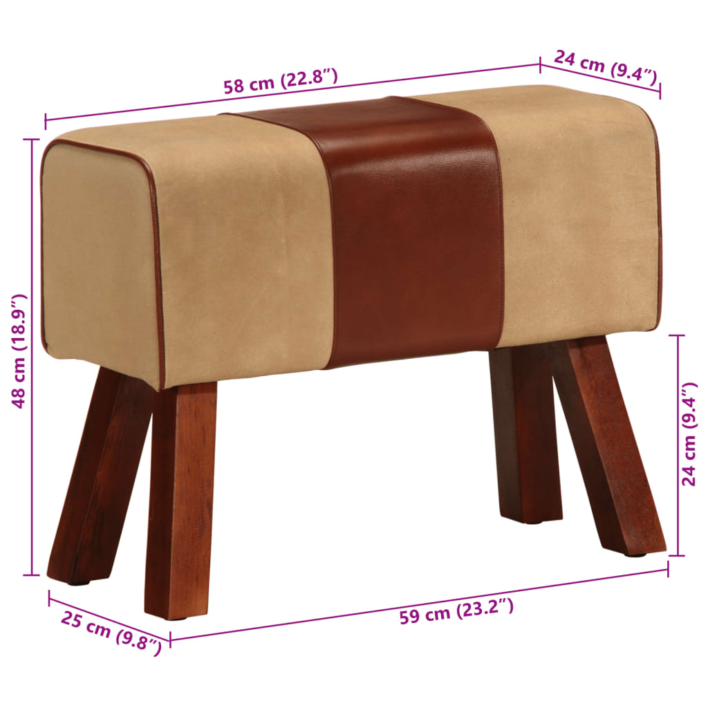 Bænk gymnastikbuk ægte læder og massivt mangotræ brun - brun og hvid, 58 cm, med 4 ben - number 9.