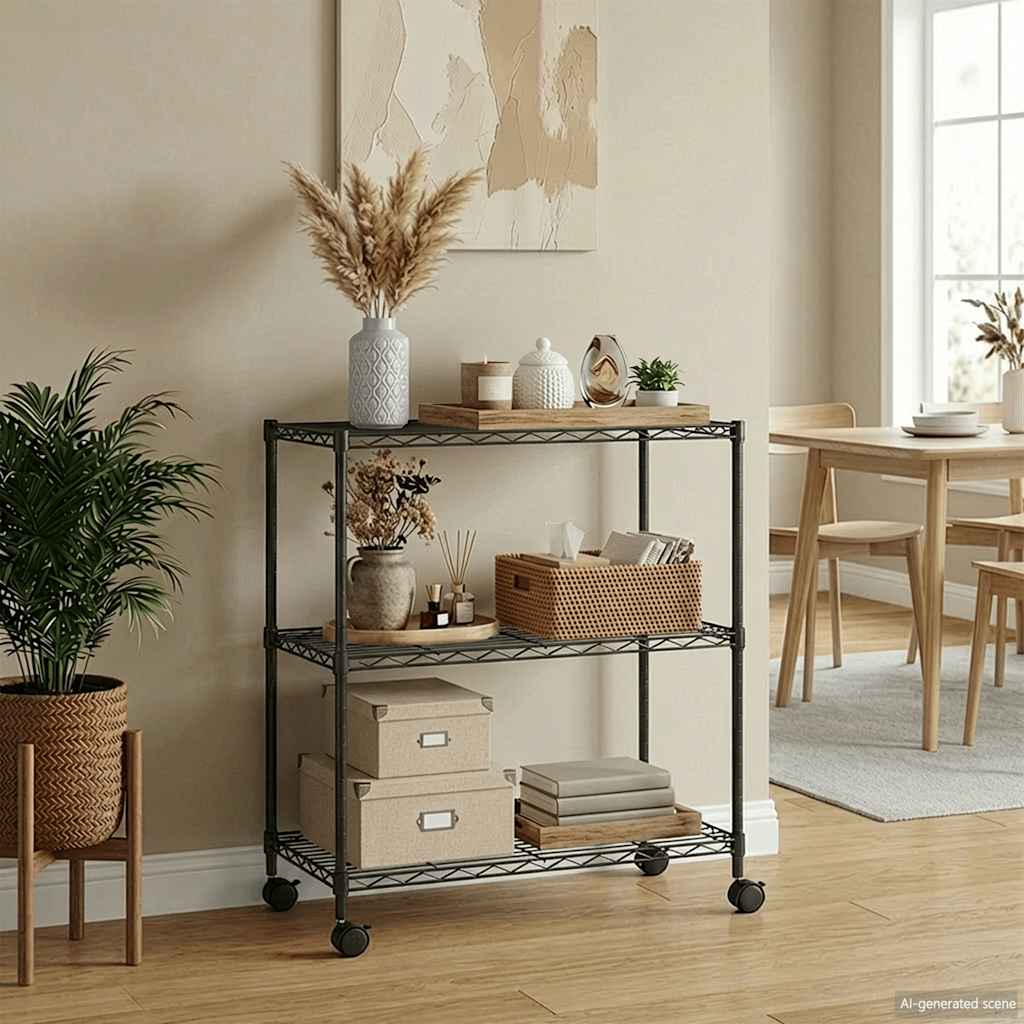 Stalak s 3 police i kotačima 60x35x81 cm 150 kg crni - number 1.