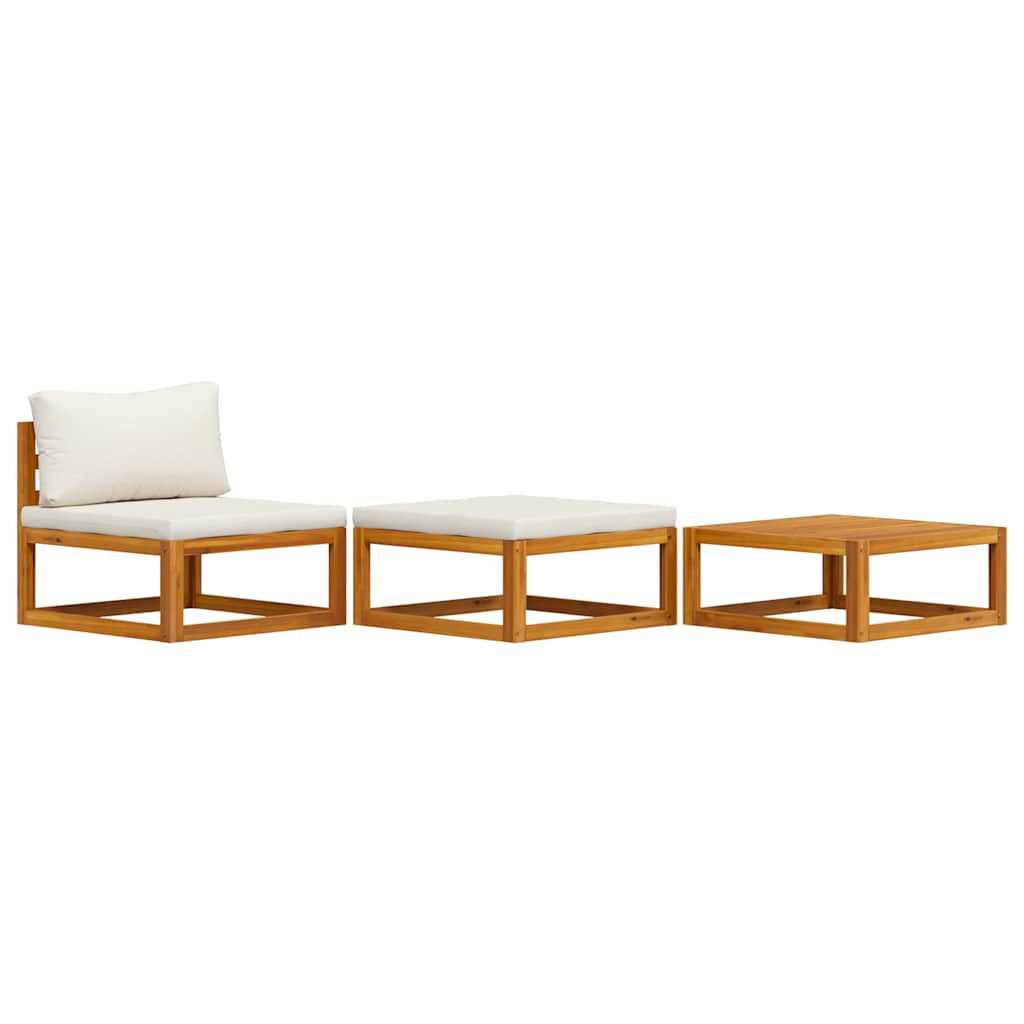 Loungesæt til have 3 dele cremefarvede hynder massivt akacietræ - creme, 1, midtermodul til sofa + fodskammel + bord - number 1.