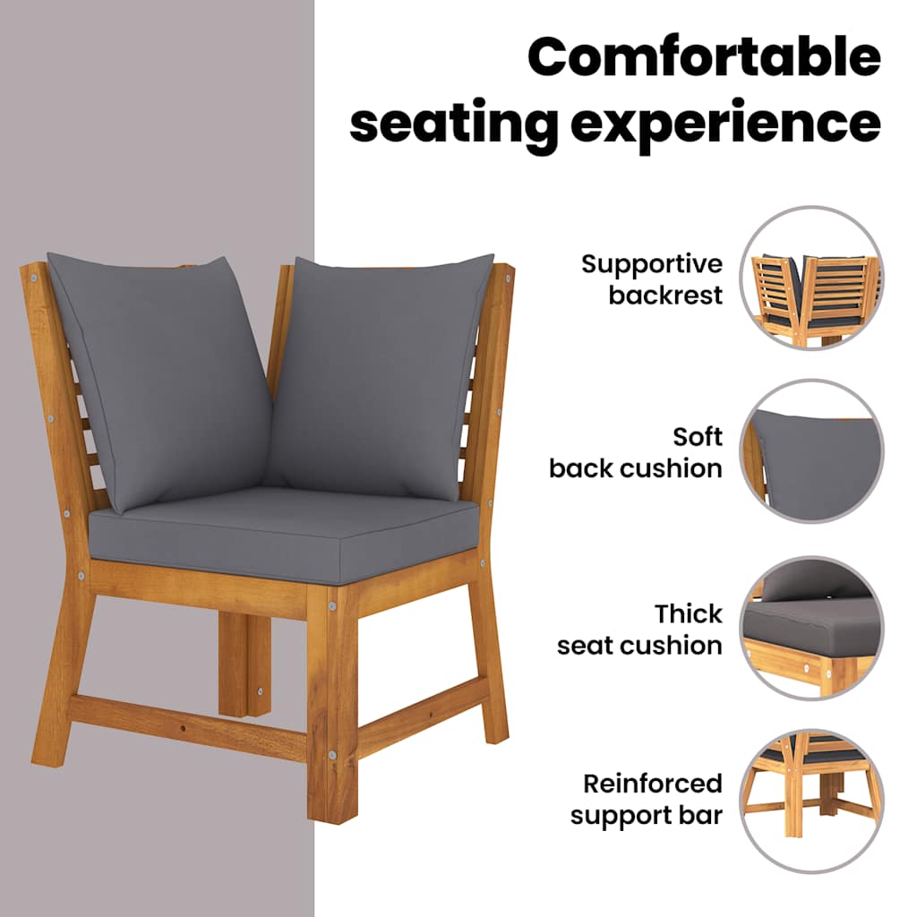 Loungesæt til haven 3 dele med hynde massivt akacietræ - mørkegrå, 1, midtermodul + hjørnemodul + sofabord - number 11.