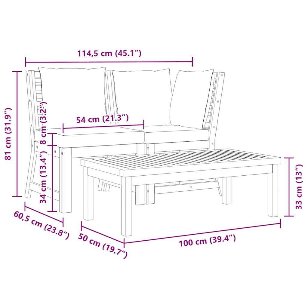 Loungesæt til haven 3 dele med hynde massivt akacietræ - mørkegrå, 1, midtermodul + hjørnemodul + sofabord - number 8.