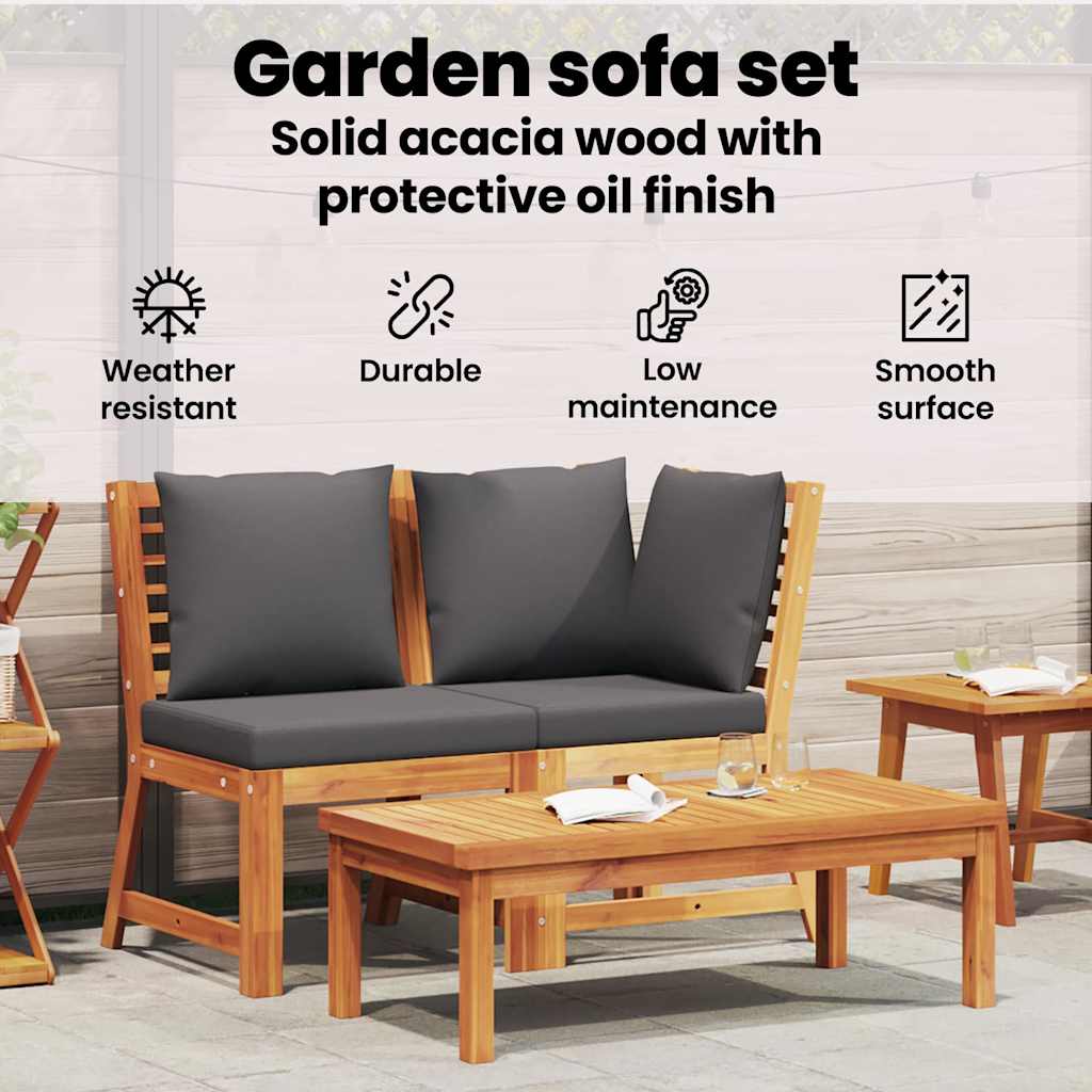 Loungesæt til haven 3 dele med hynde massivt akacietræ - mørkegrå, 1, midtermodul + hjørnemodul + sofabord - number 10.