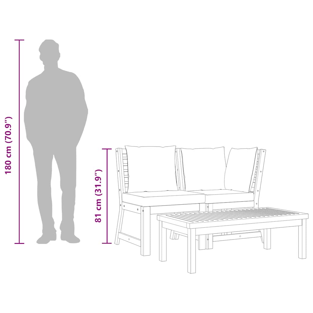 Loungesæt til haven 3 dele med hynde massivt akacietræ - mørkegrå, 1, midtermodul + hjørnemodul + sofabord - number 9.