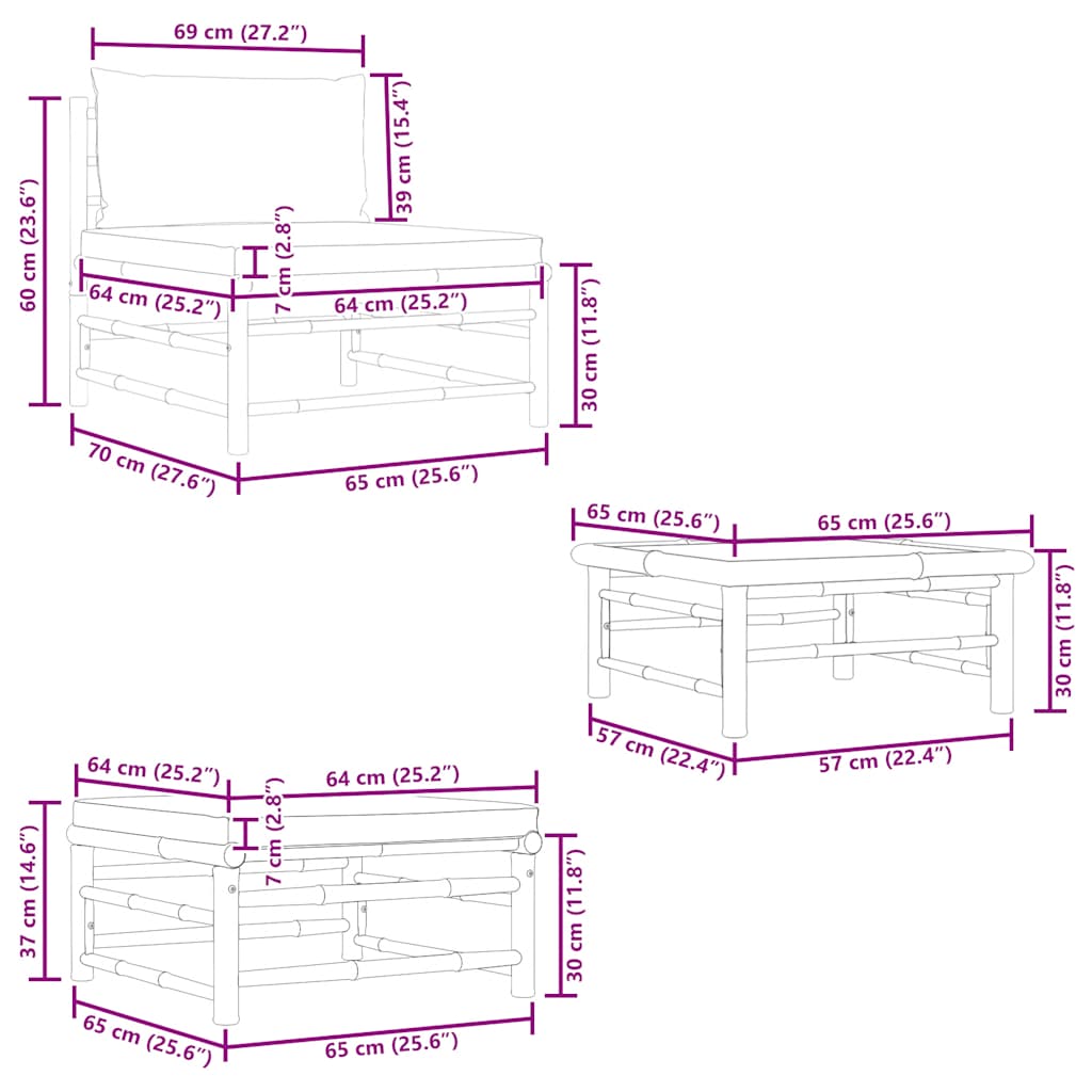 Salongsett for hagen 3 deler med puter bambus - mørk grå, 1, sentral modul for sofa + fotskammel + bord - number 10.
