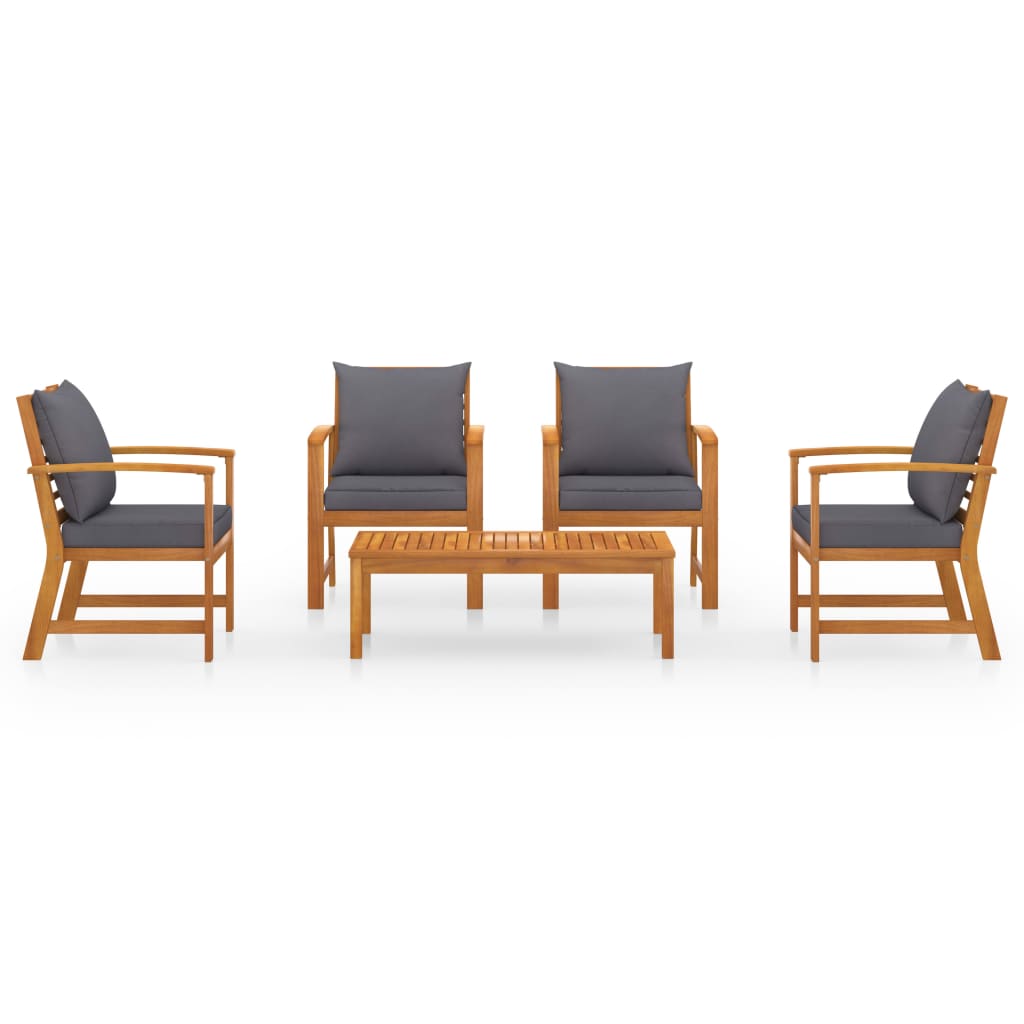 Lounge set for garden 5 deler med pute solide akacia -trær - mørkegrå, 4x lenestol + bord, 1 - number 3.