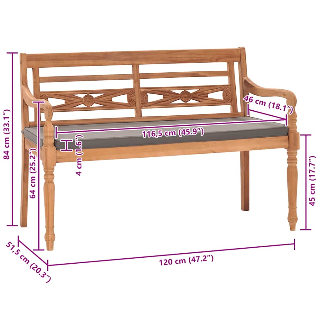 Batavia benk med mørkegrå pute 120 cm heltre teak - number 6.
