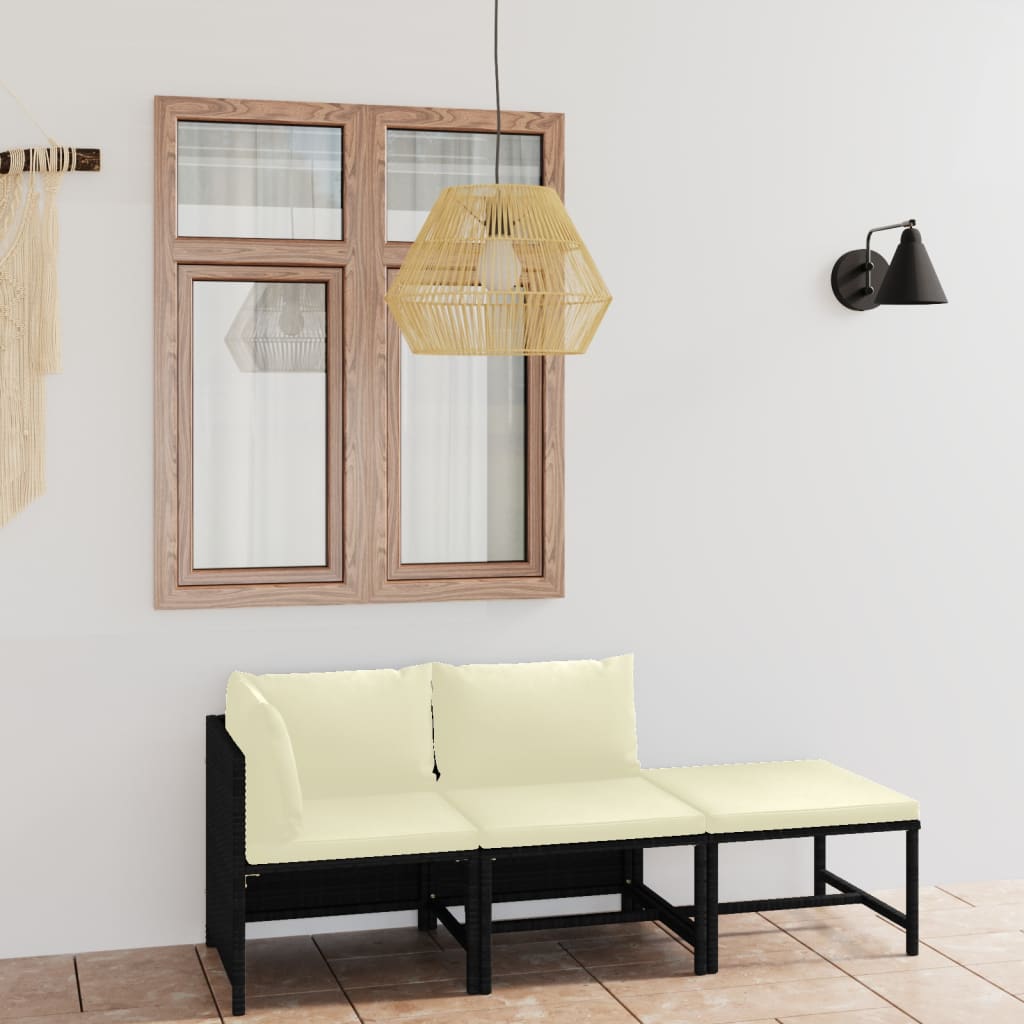 Loungesæt til haven 3 dele med hynder polyrattan sort - number 1.