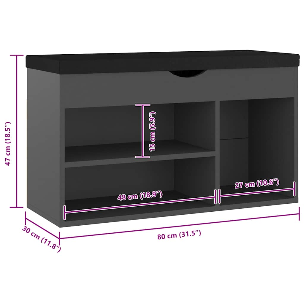 Klupa za cipele s jastukom 80x30x47 cm konstruirano drvo - crna visoki sjaj, 1 - number 8.