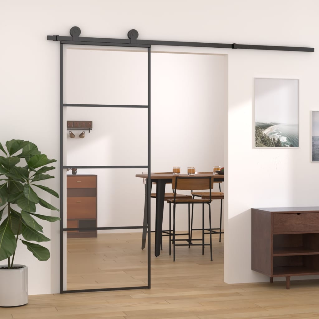 Skydedør aluminium og sikkerhedsglas - sort, 76 x 205 cm, 1, transparent - number 1.