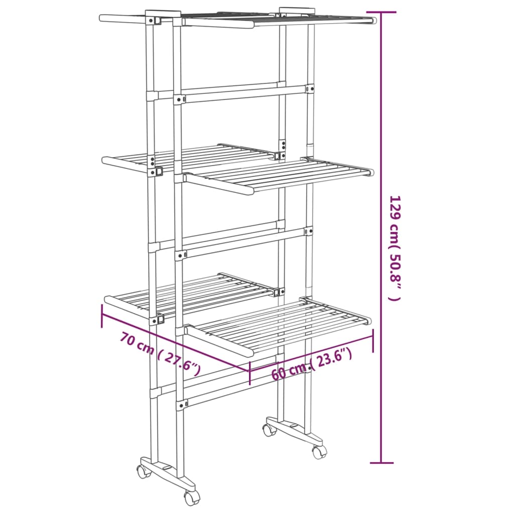 Drying rack 3 levels with wheels 60x70x129 cm silver - number 8.