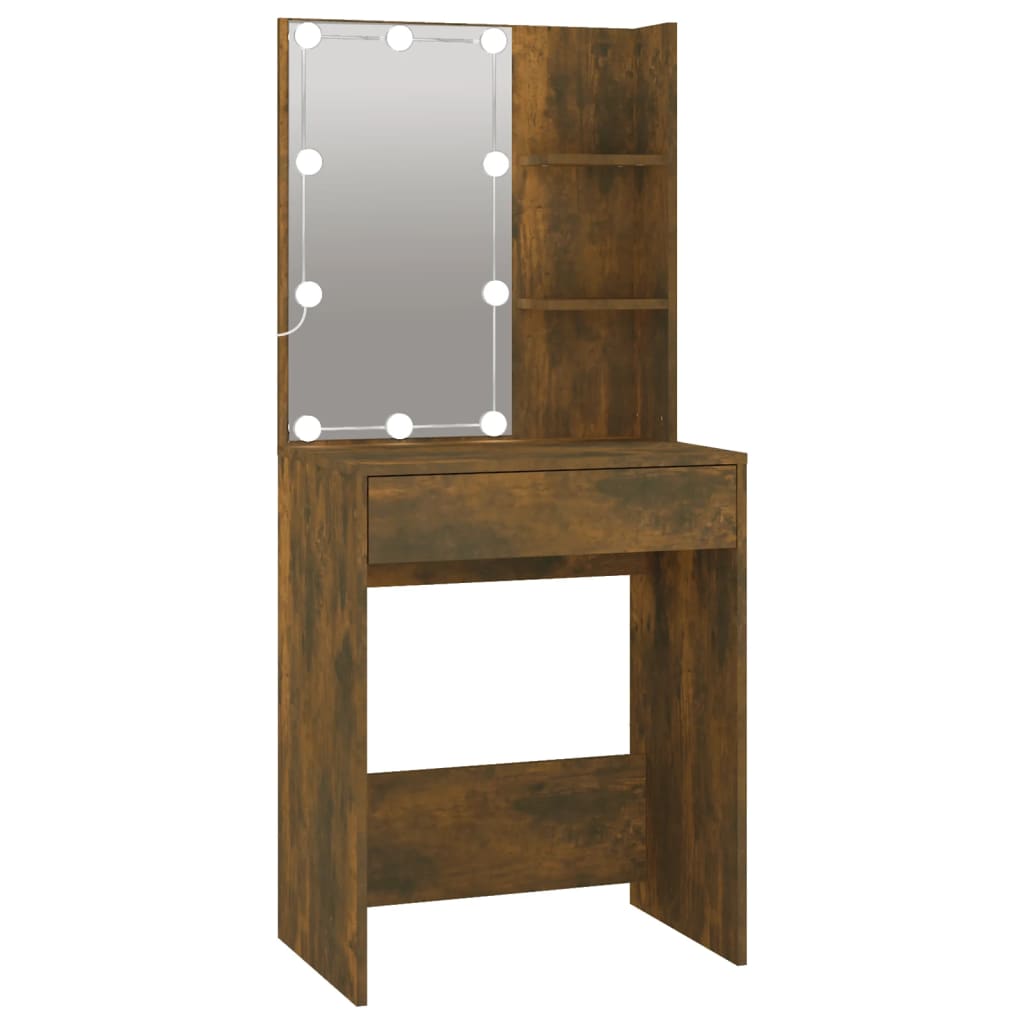 Makeupbord med led-lys og skab konstrueret træ røget egetræ - number 8.