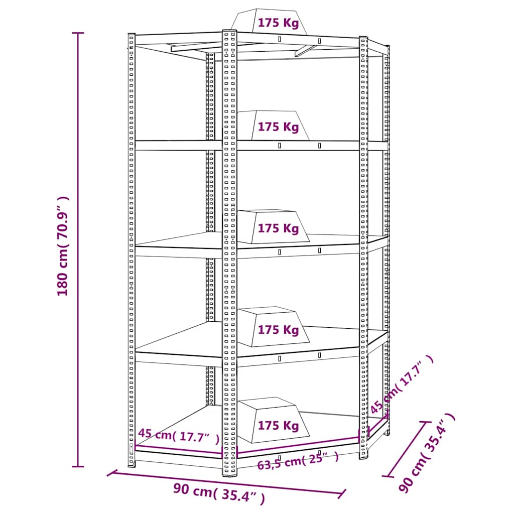 Libreria angolare robusta con 5 ripiani in acciaio e legno ingegnerizzato - grigio, 90 x 90 x 180 cm, 1 - number 10.
