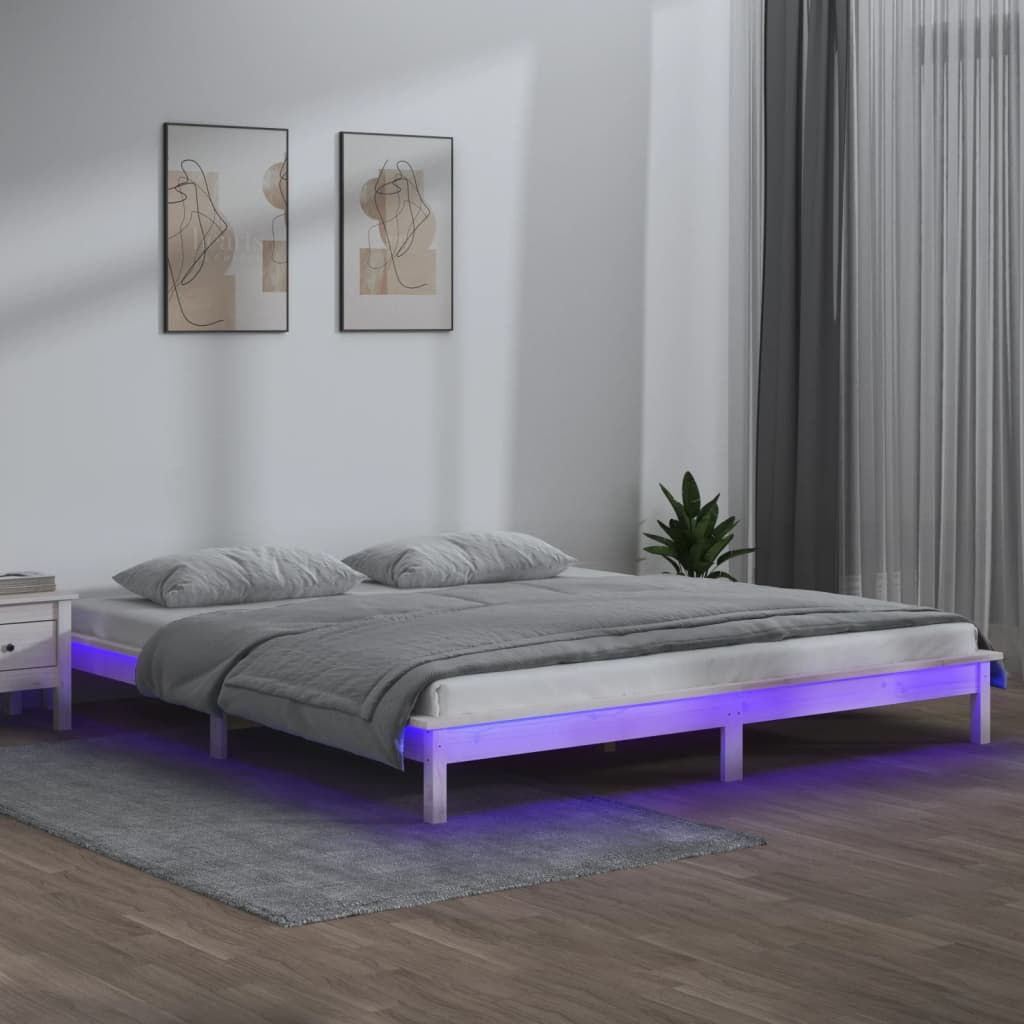 Sengeramme med led-lys massivt træ - hvid, 160 x 200 cm - number 1.