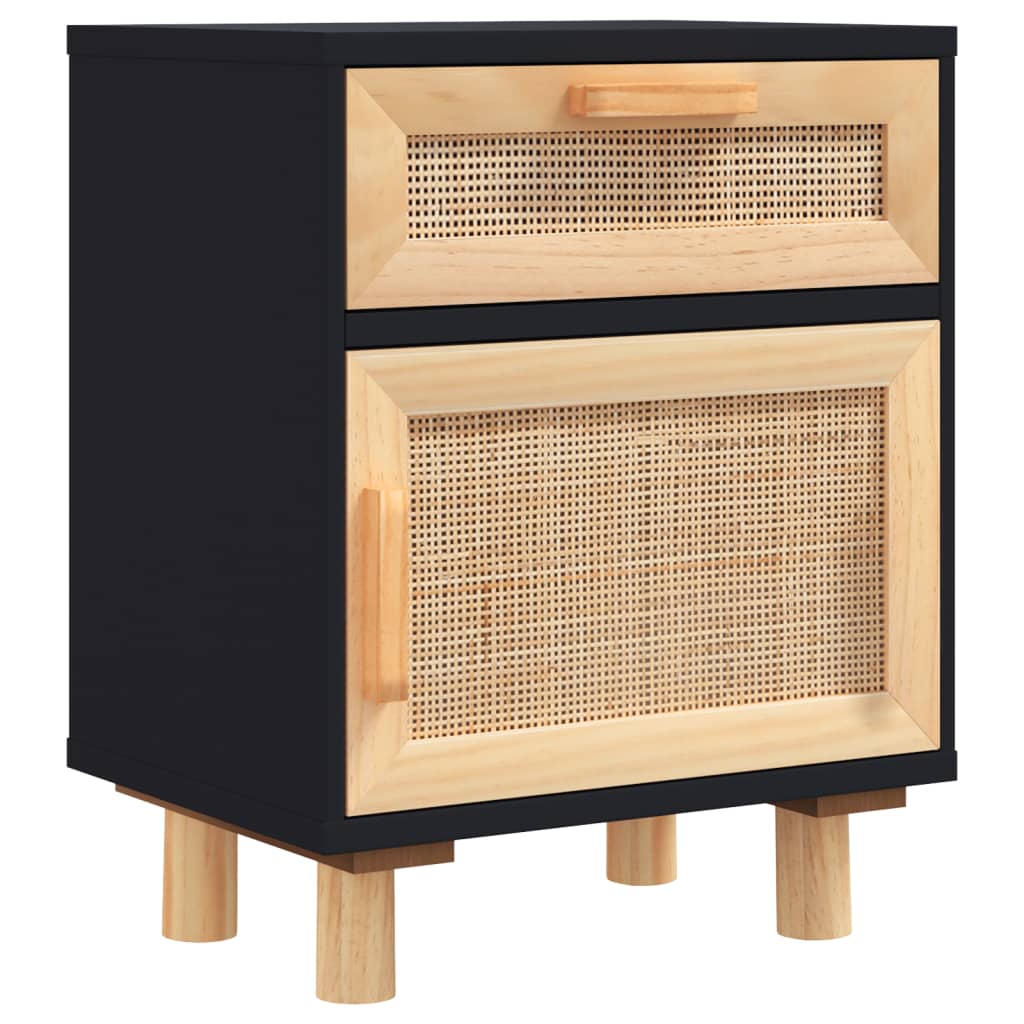 Bedside table solid pine and natural rattan - black, 1 - number 2.