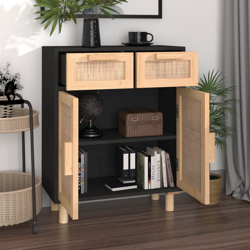 Sideboard 60x30x75 cm solid pine and natural rattan - black, 1 - number 3.