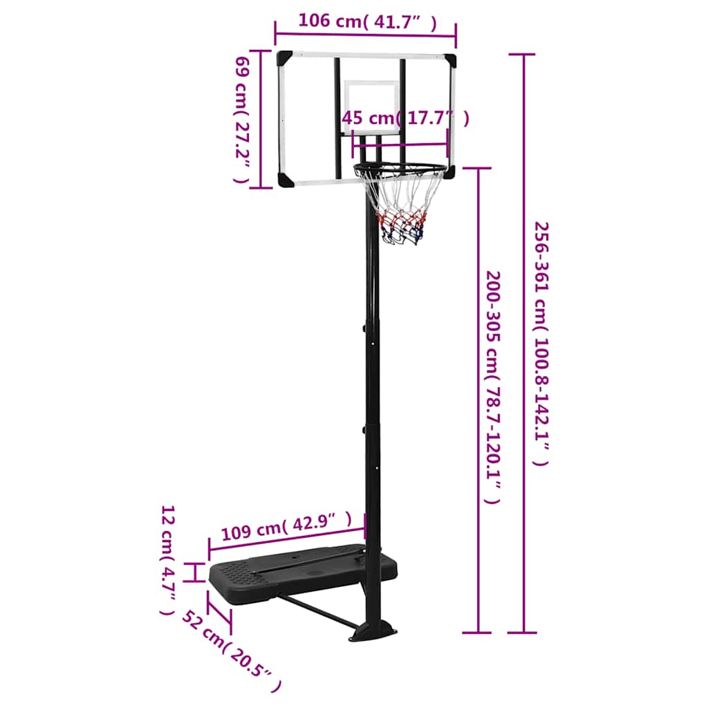 Basketbalstandaard met plaat 256-361 cm polycarbonaat transparant - number 10.