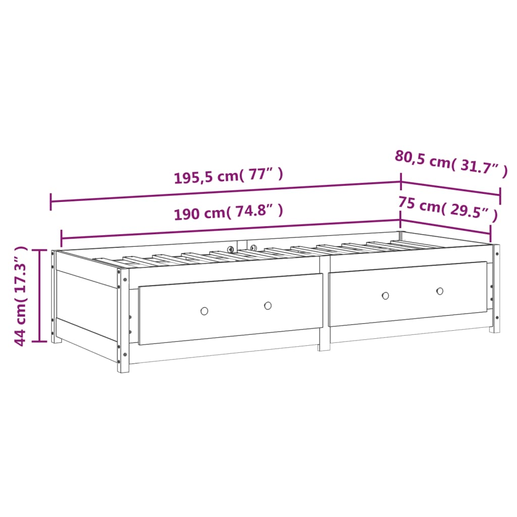 Dagseng lille enkelt massivt træ fyr - sort, 75 x 190 cm - number 12.