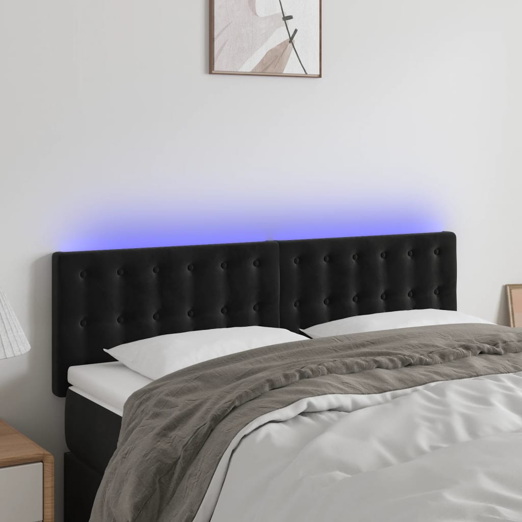 Sengegavl med led-lys fløjl - sort, 144 x 5 x 78/88 cm, 1 - number 1.