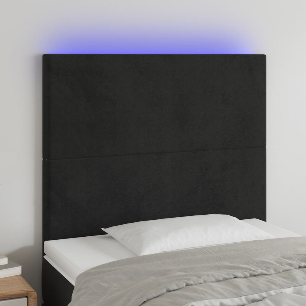 Sengegavl med led-lys fløjl - sort, 90 x 5 x 118/128 cm, 1 - number 1.